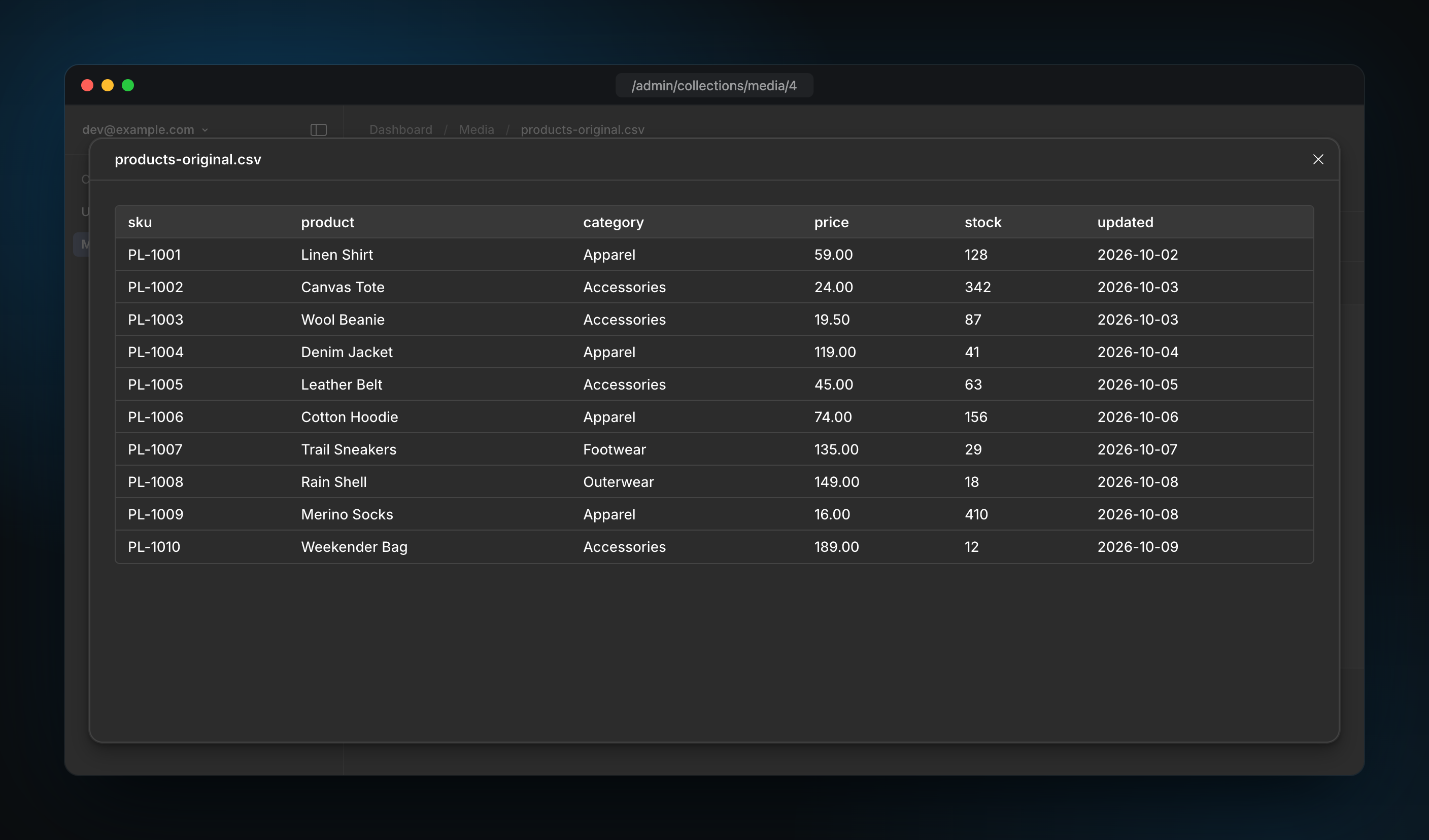 A CSV file in the fullscreen modal