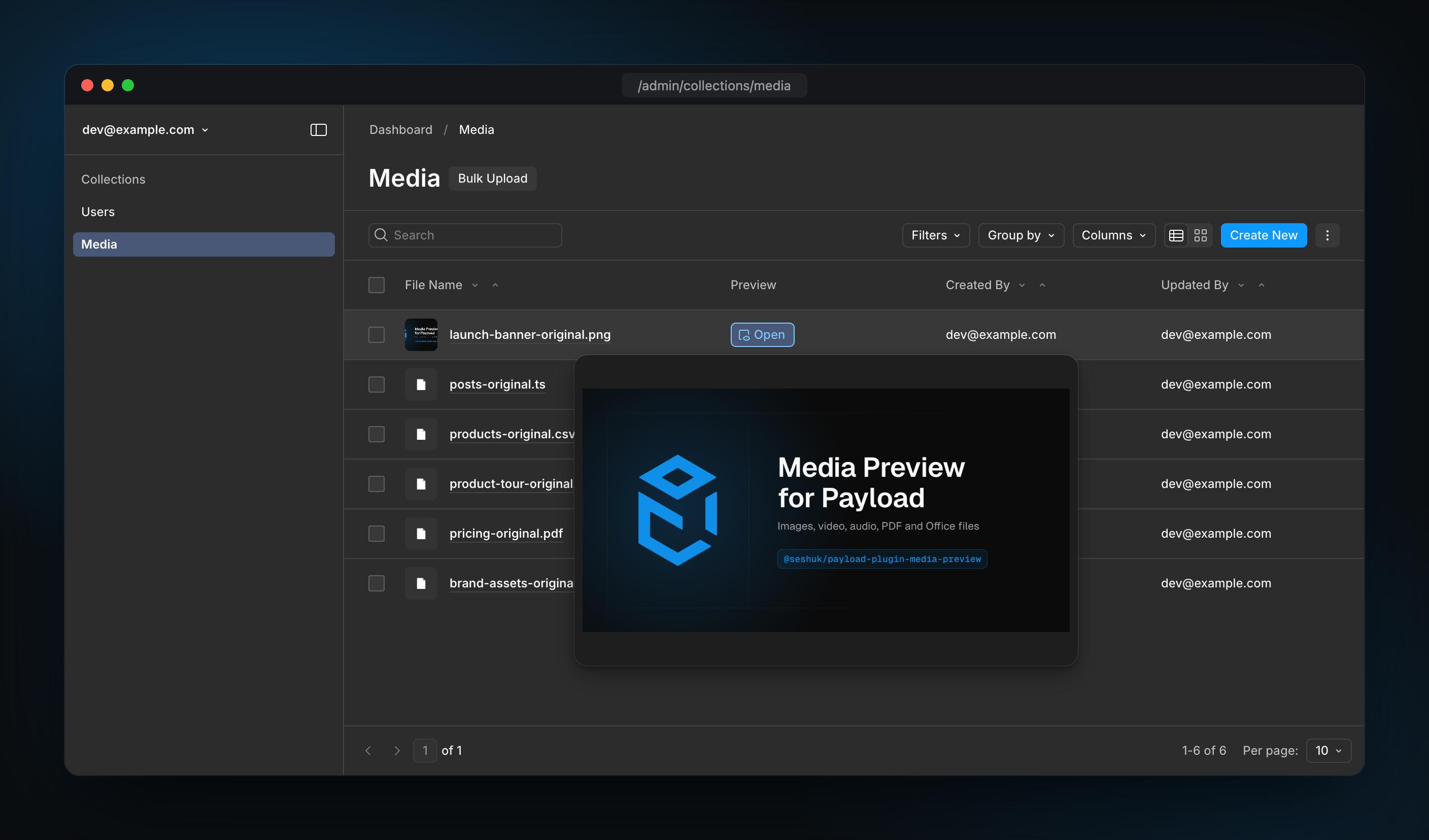 The list view with the preview popup open on an image