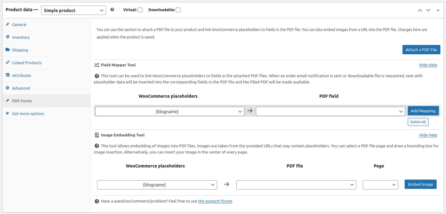 PDF Forms section on product edit page