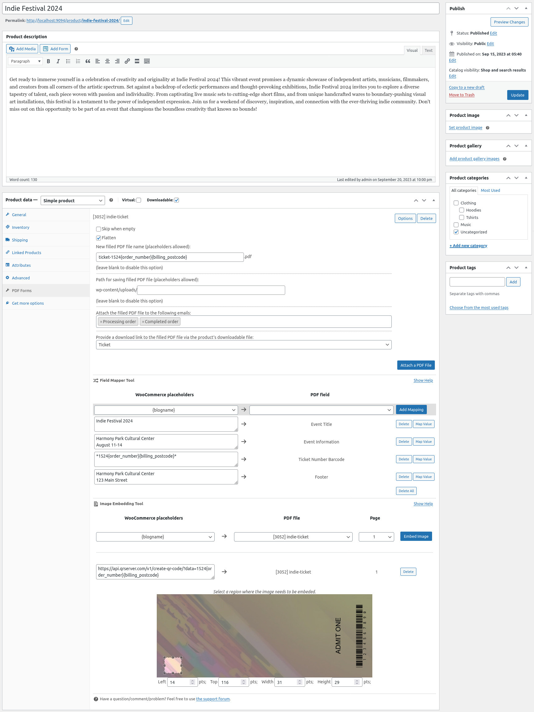 An example event ticket product configuration with field mappings and an image embed