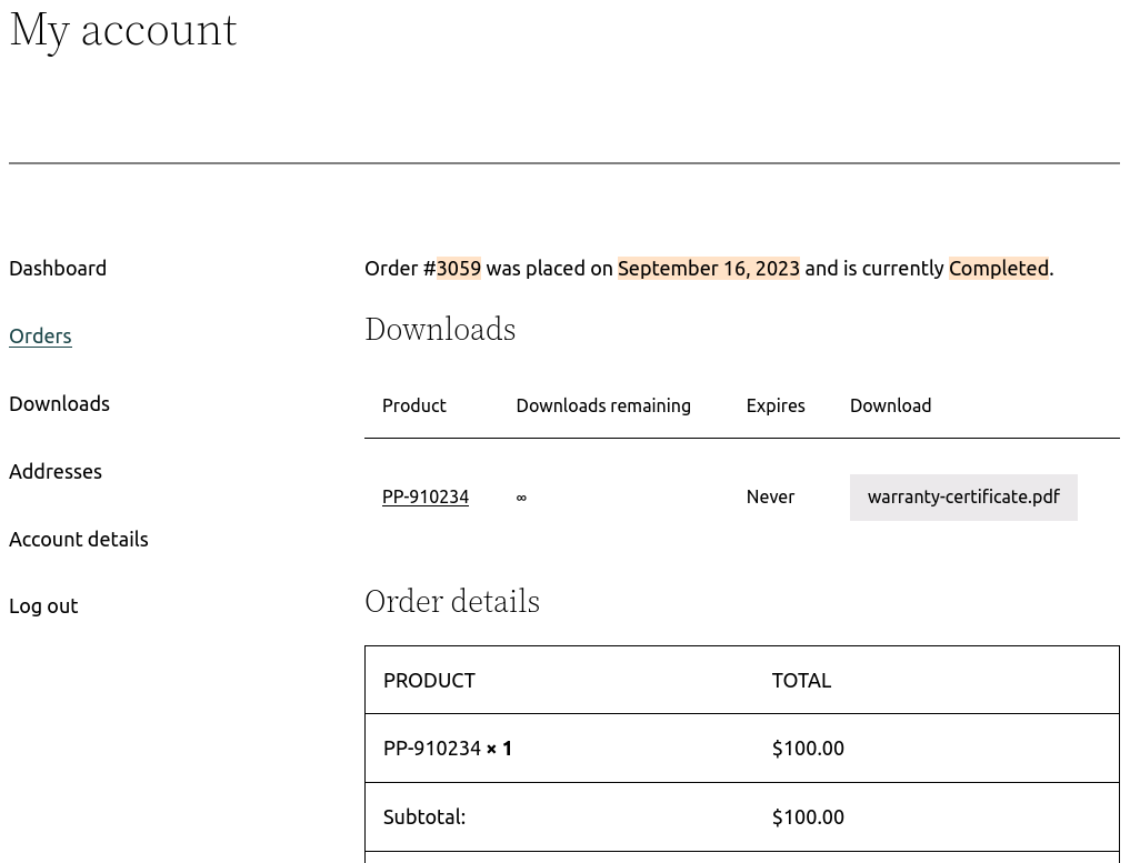 An example order details page with a downloadable warranty certificate PDF