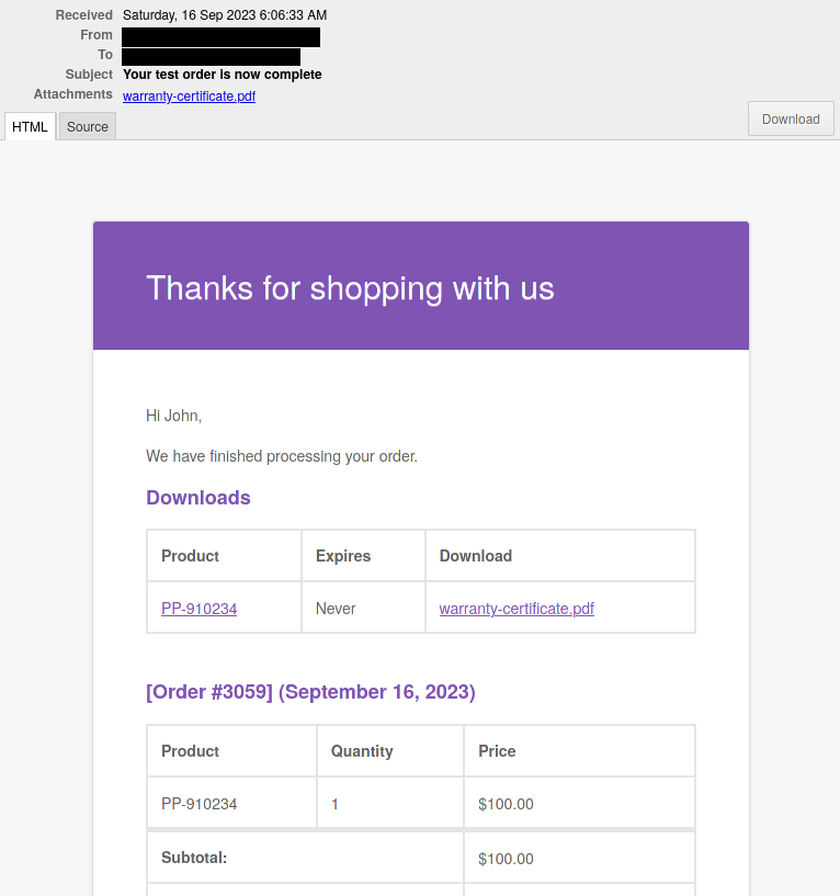 An example order notification message with a warranty certificate PDF attachment and a downloadable file link