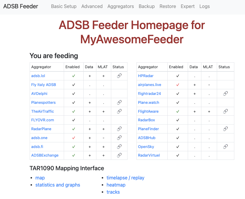 ADS-B Feeder home page