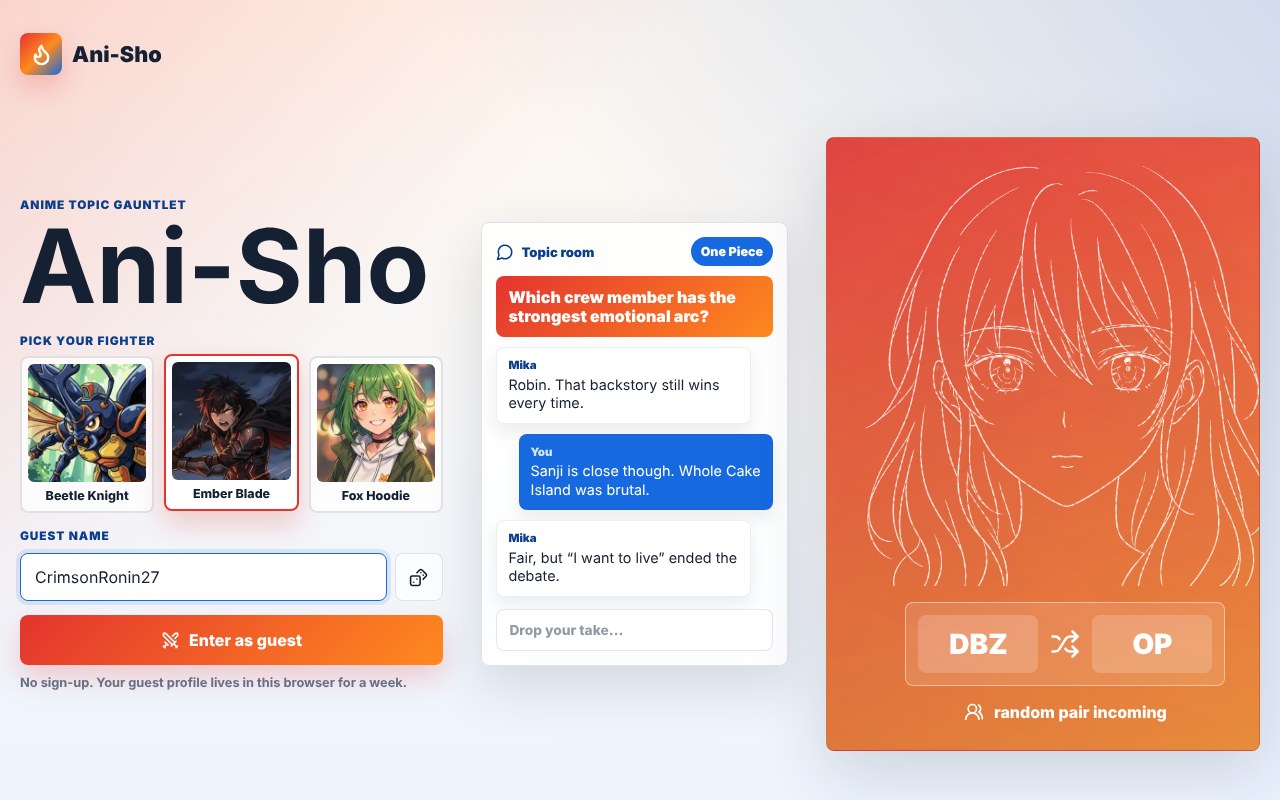 Ani-Sho landing page with the avatar picker