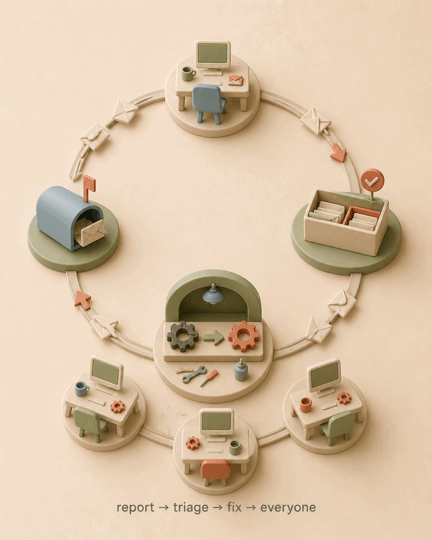 Field reports feed a triage loop that turns misbehavior into a test before a fix