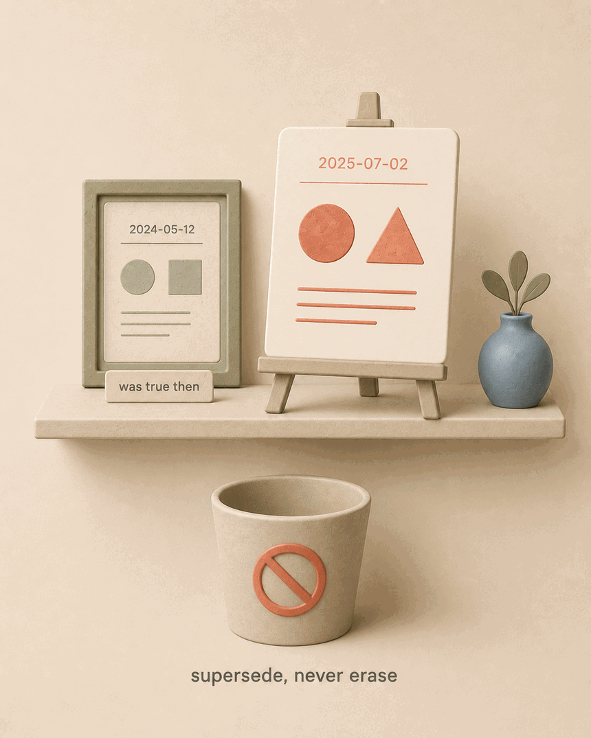 Superseded knowledge is shelved, not deleted — the newer claim takes precedence