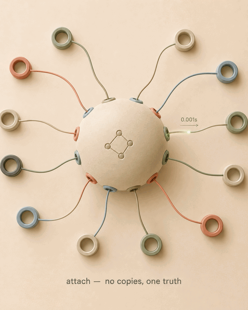 One owner process holds the live graph; many agents attach to the same core