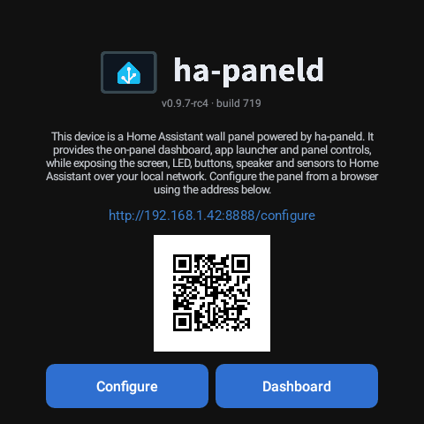 ha-paneld standing screen with the configuration address and QR code