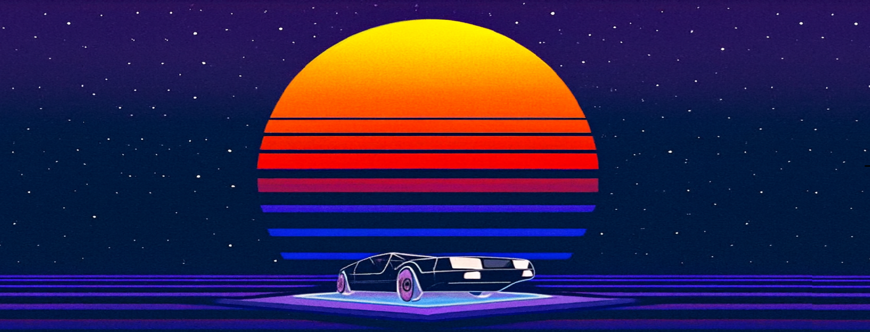 Synthwave car logo over a synthmoon