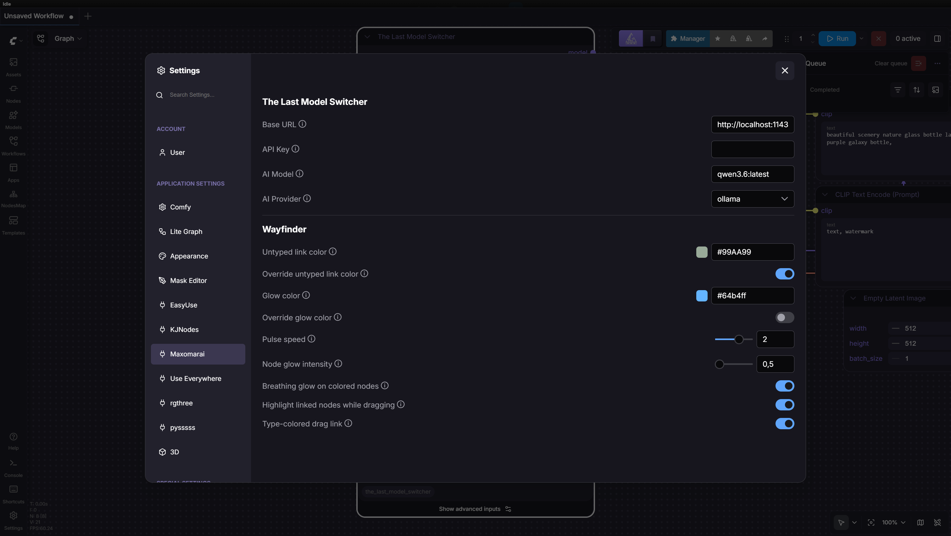 Settings panel