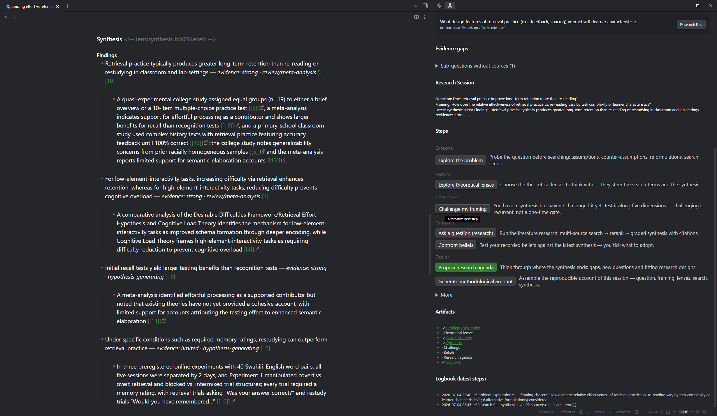 A graded synthesis: findings labelled with evidence strength and study-design tier, clickable citations, and deepened findings drawn from the sources