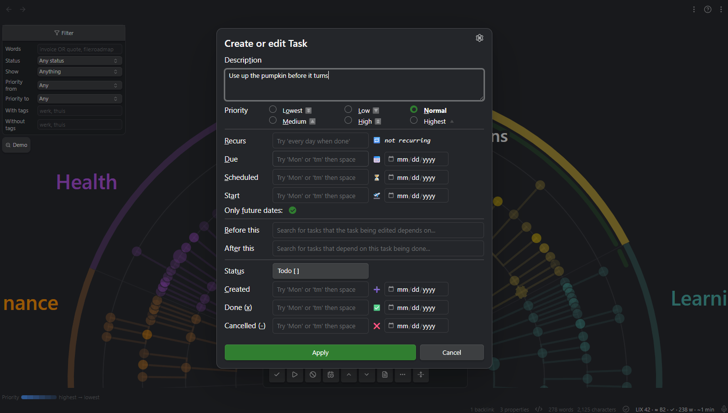 The Tasks plugin's own edit window, open over the wheel on the task under the reading wedge