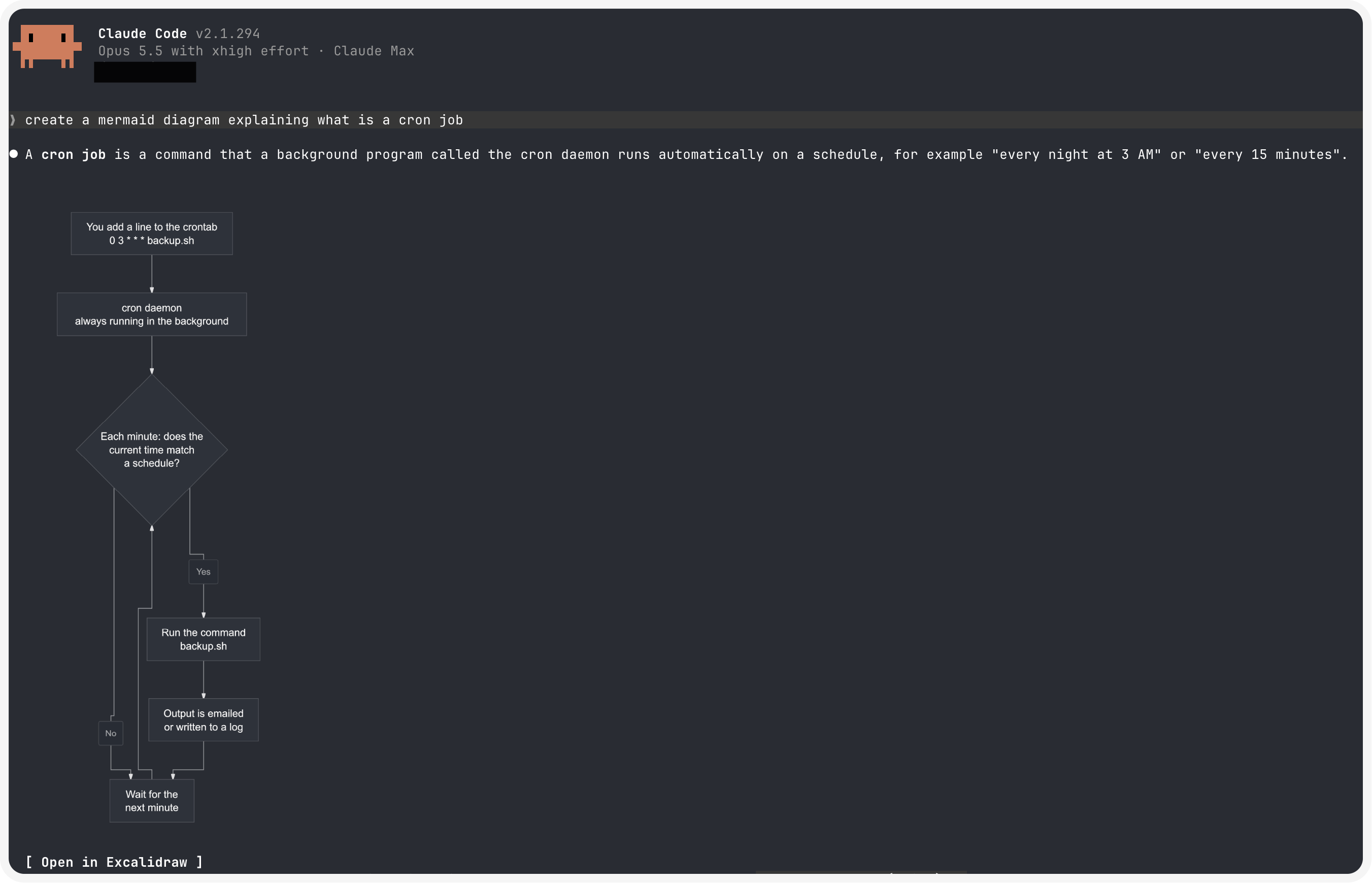 A flowchart drawn as an image in a Claude Code reply, with the Open in Excalidraw button under it