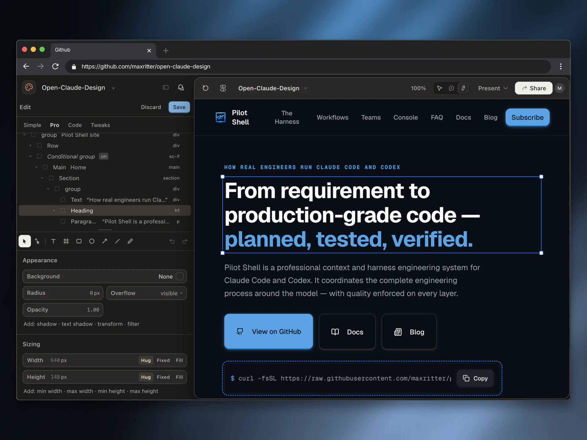 Claude Design's interactive editor with canvas controls, comments, editing, and a live product preview