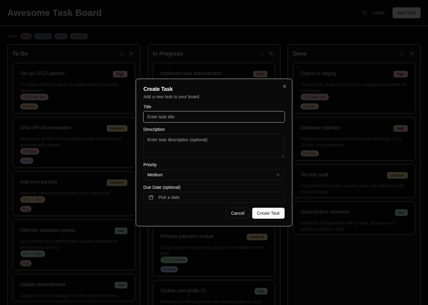Create Task Dialog with Date Picker