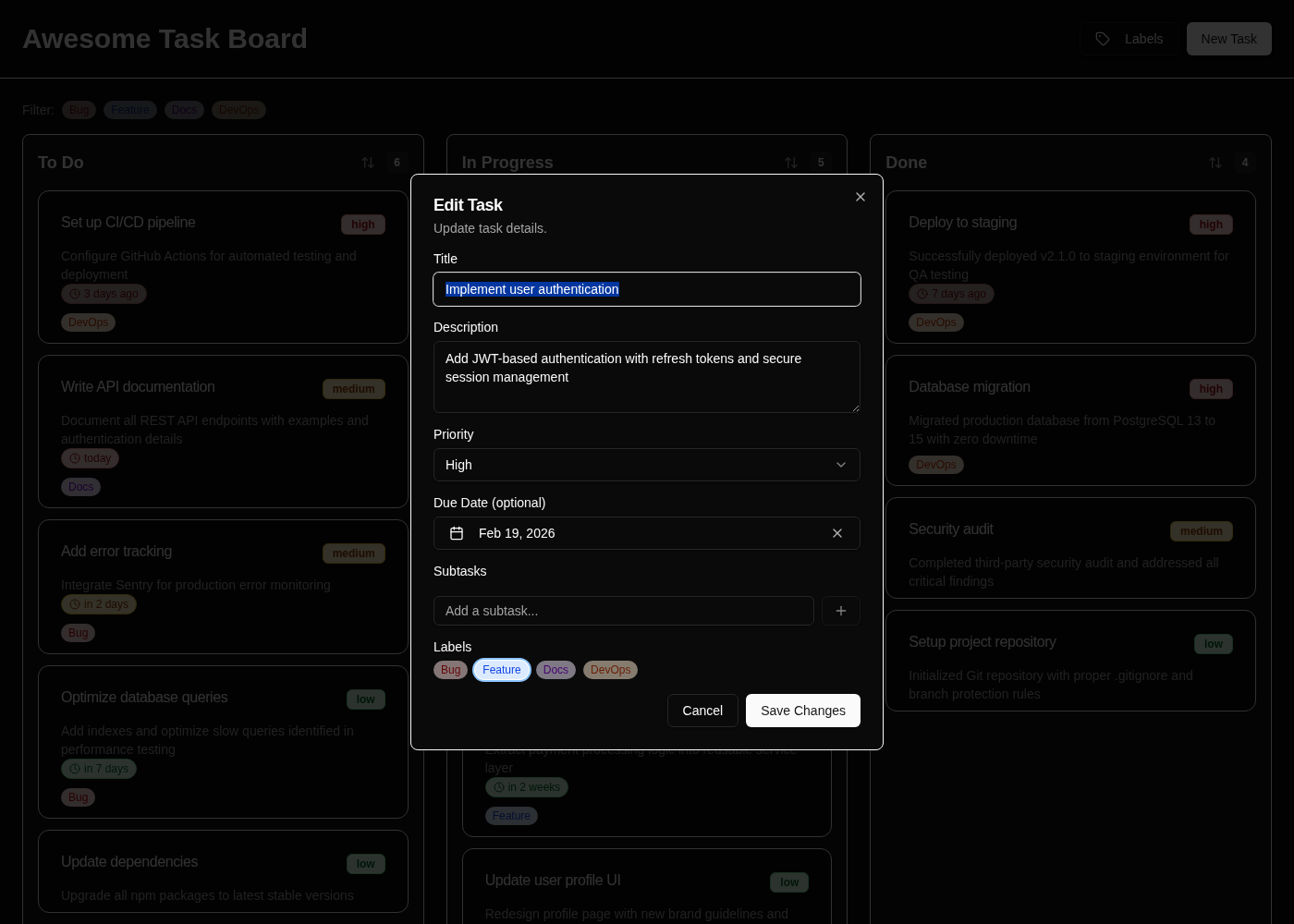 Edit Task Dialog — Subtasks, Labels, Due Dates