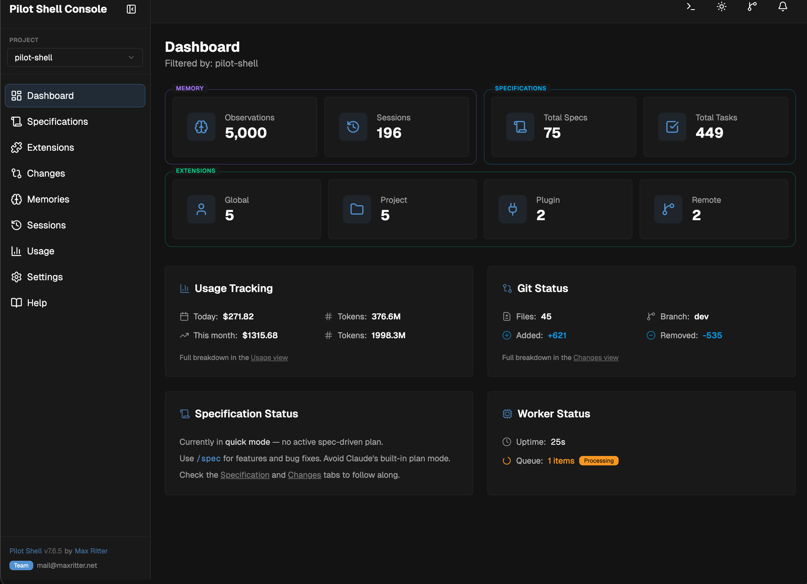 Pilot Shell Console — Dashboard