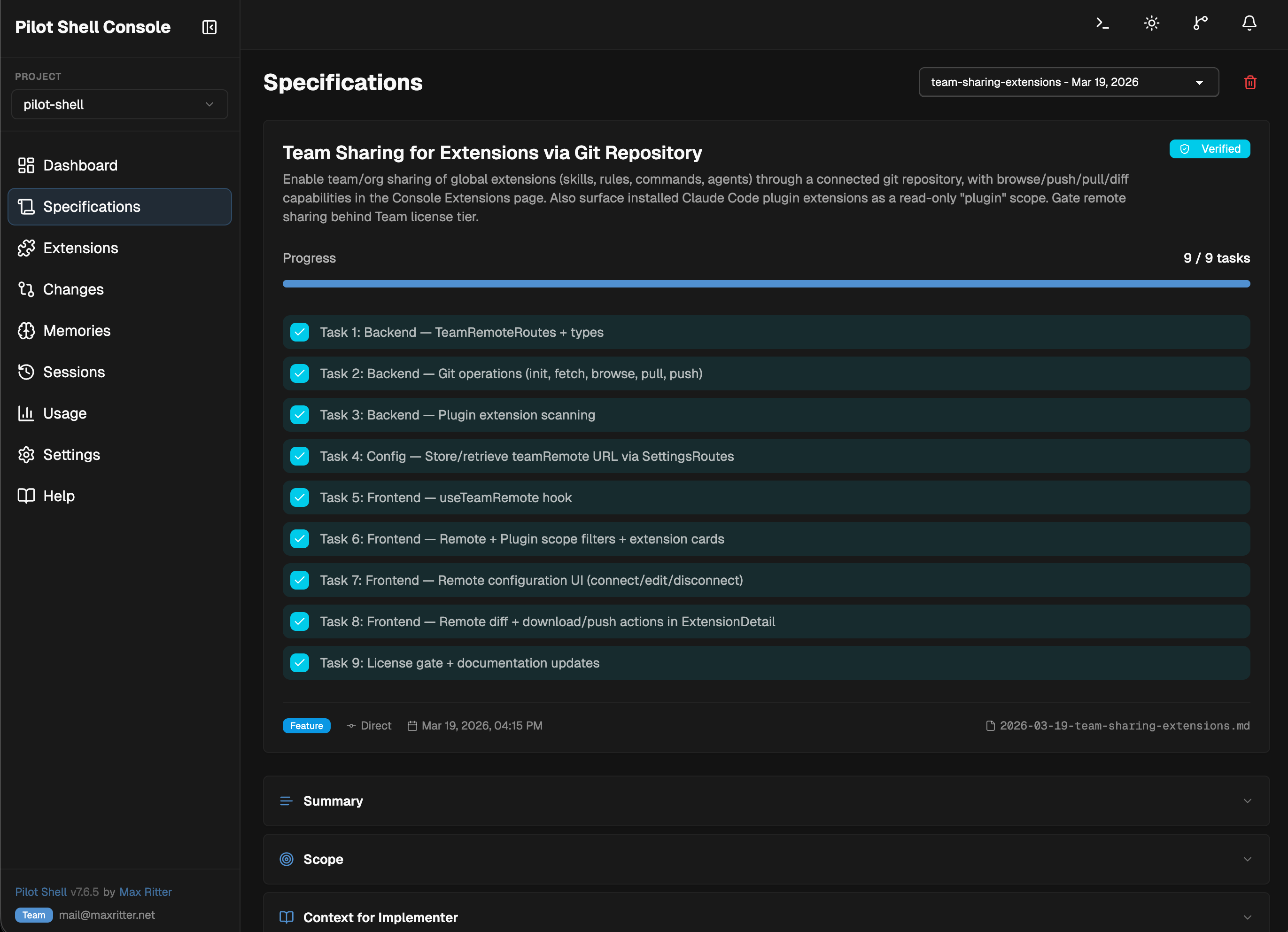 Pilot Shell Console — Specifications