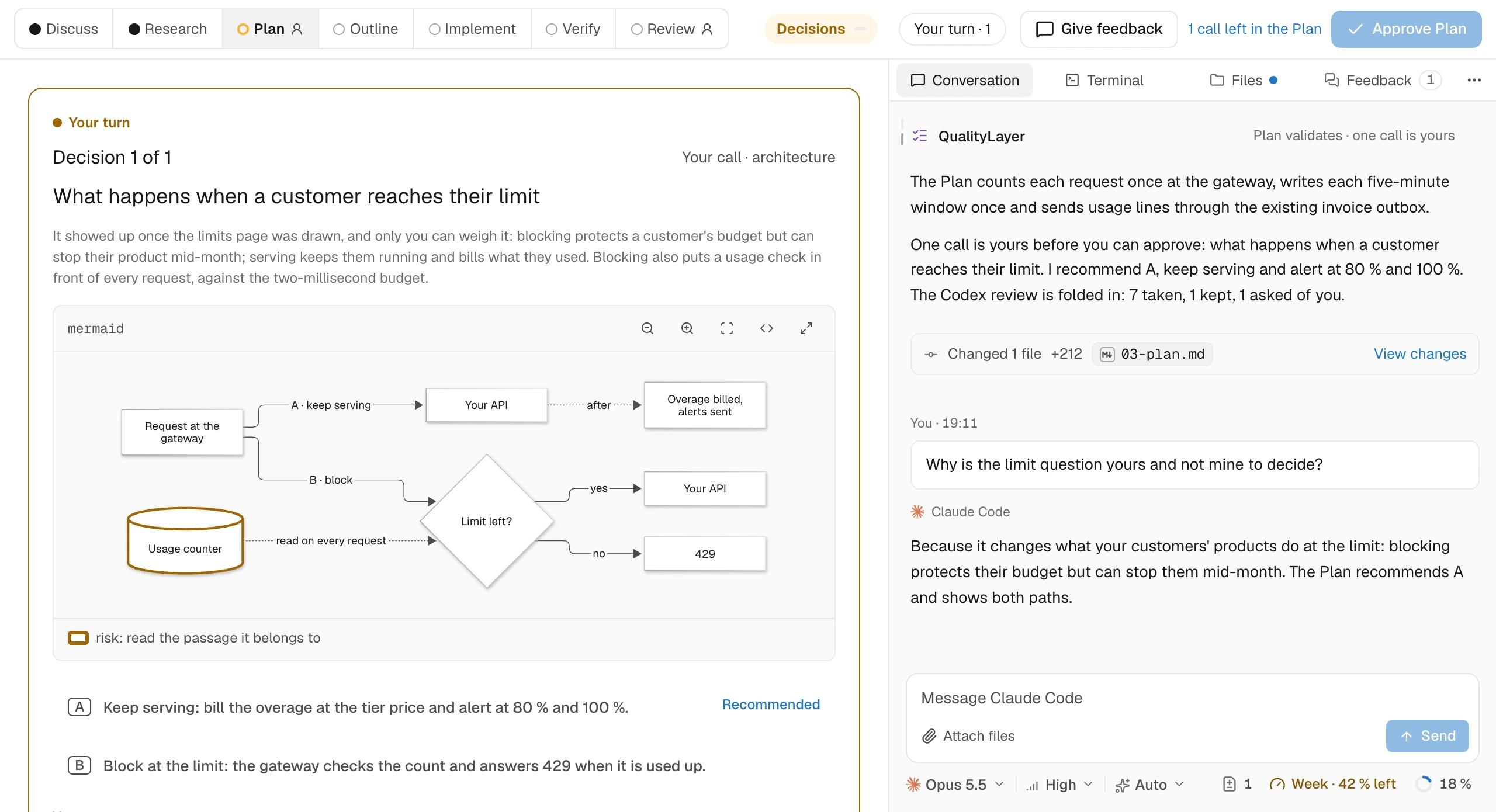 Reviewing a billing decision and its diagram beside Claude Code in the App. Fictional project.