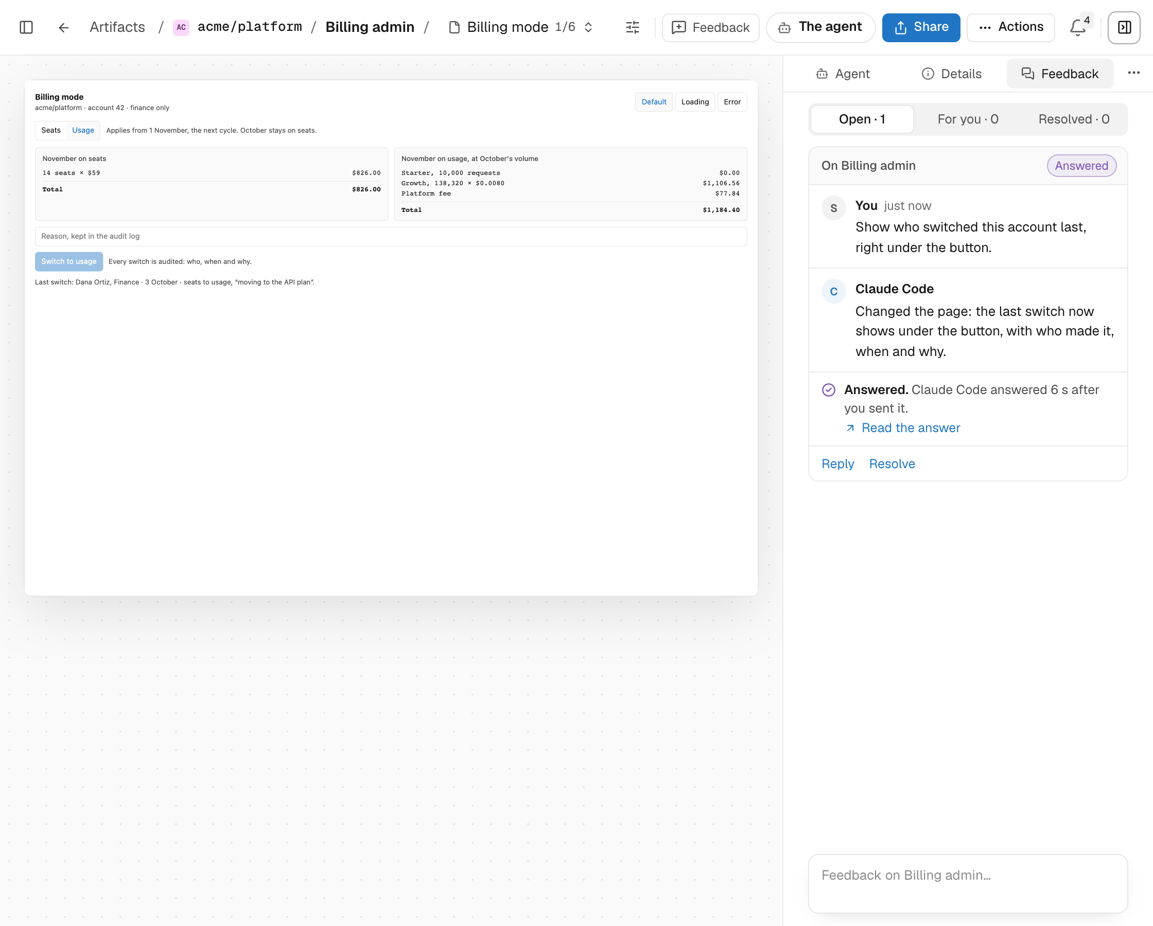 Finance's billing-mode page drawn as an artifact, with feedback on one spot and the agent's answer that it changed the page beside it. Fictional project.