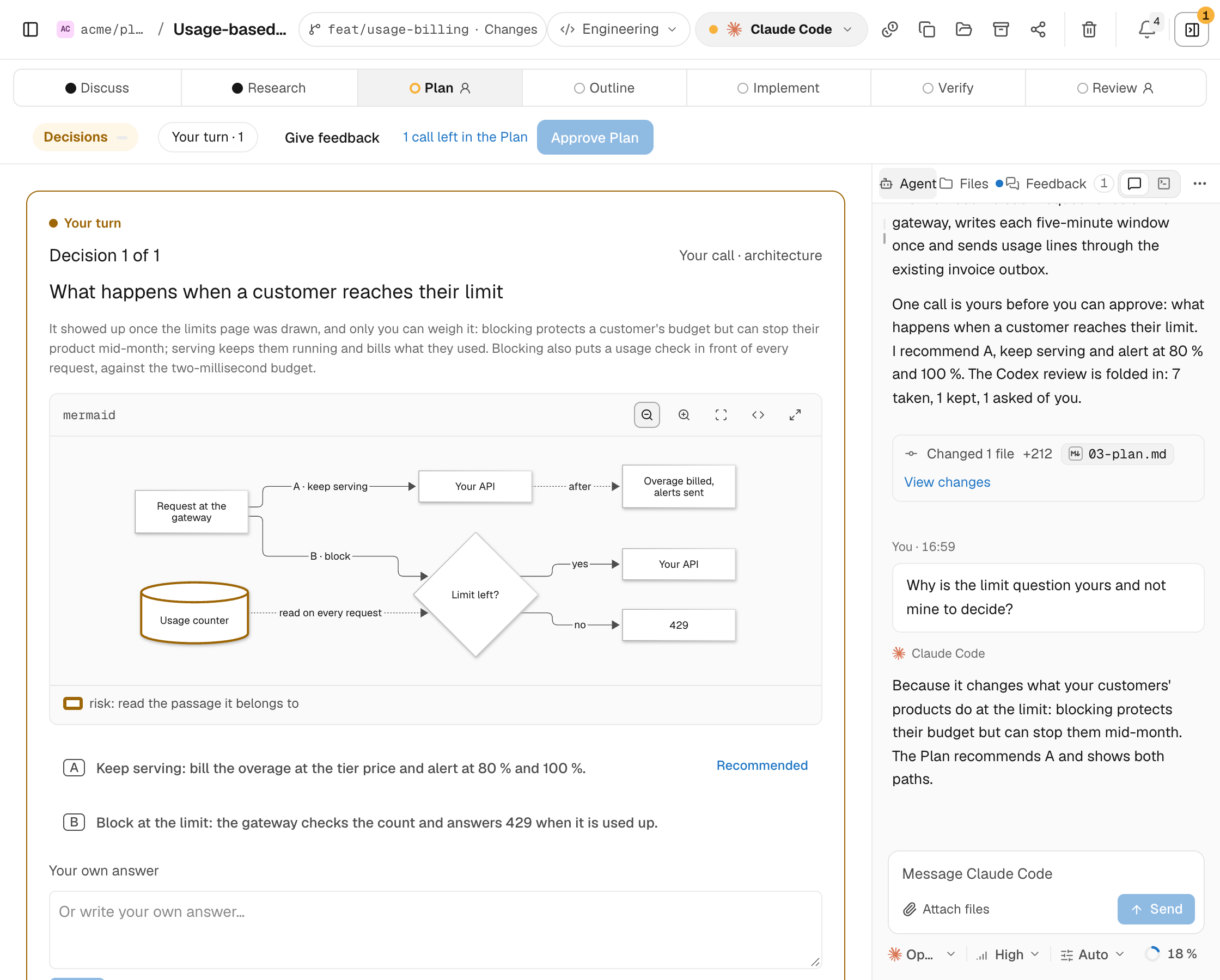 A usage-billing Plan’s open decision, drawn as both paths, beside Claude Code’s conversation in QualityLayer. Fictional project.