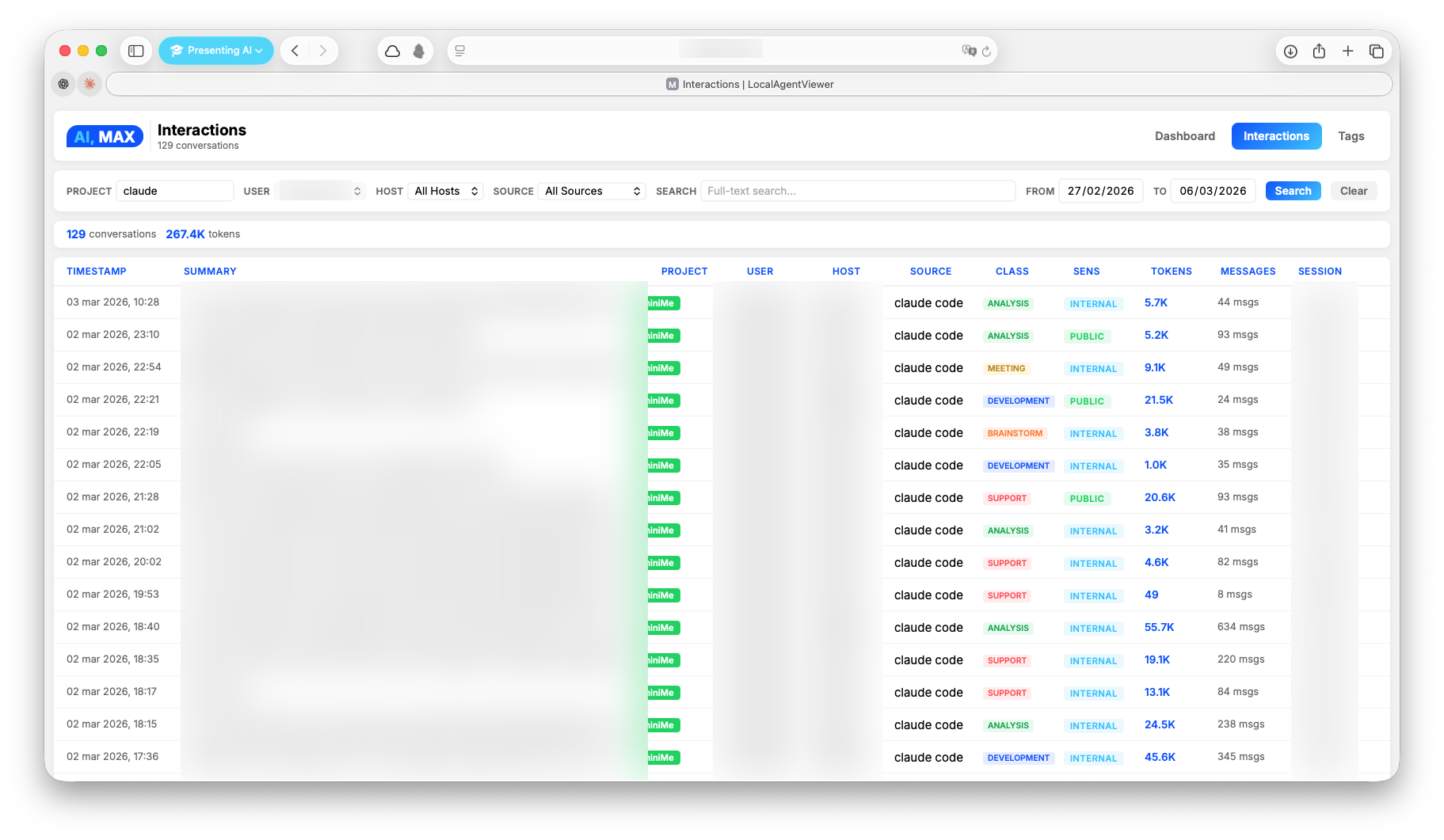 Interactions — list with classification badges, cost, and duration