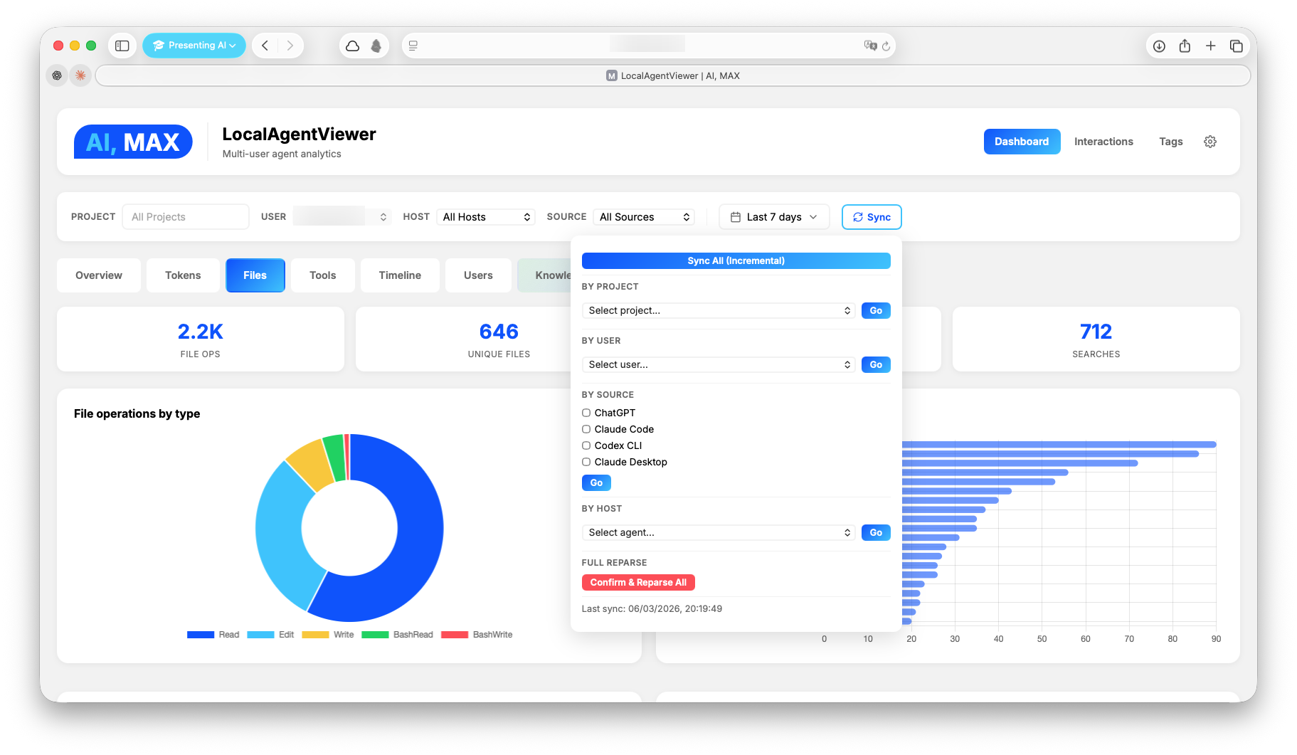 Dashboard — files tab with sync panel and source filtering
