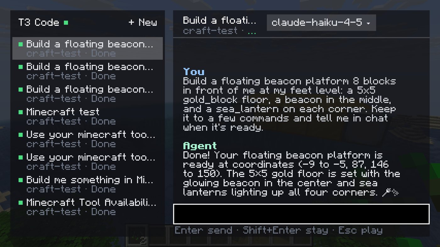 The T3 panel in Minecraft: a prompt, and the agent's reply after it built in the world