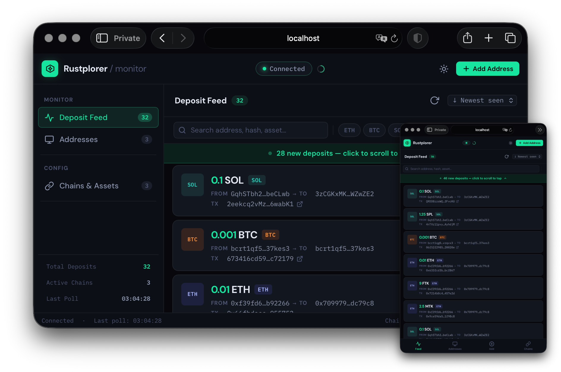 High-performance multi-chain deposit detector daemon
