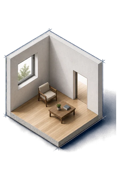 The same room rebuilt: bigger window, open doorway, clear path