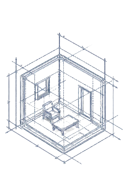 Wireframe drawing of a small, cramped room