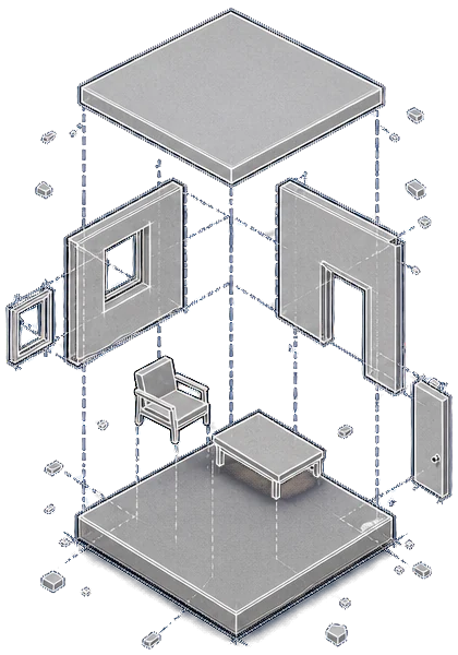 Exploded drawing of the same room, walls and furniture pulled apart