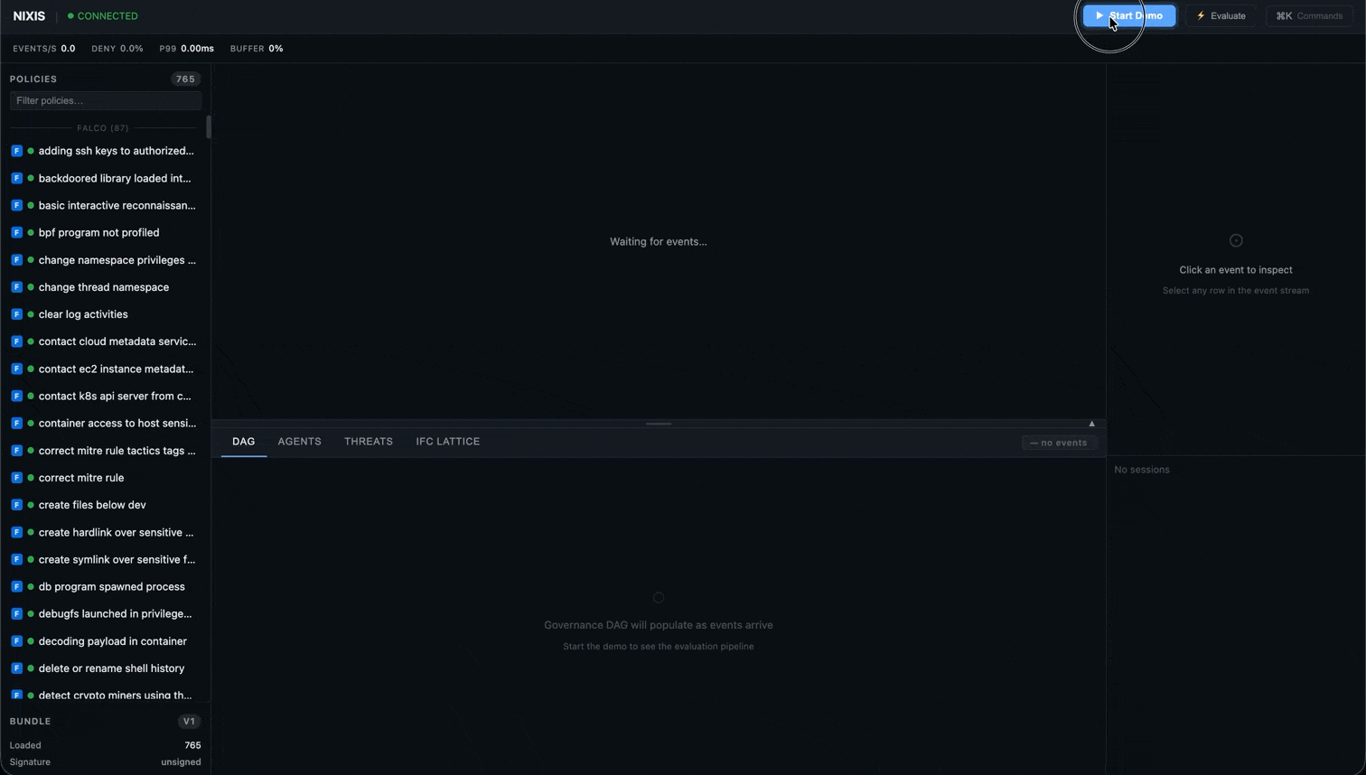 Nixis Dashboard — governance DAG, event stream, IFC lattice