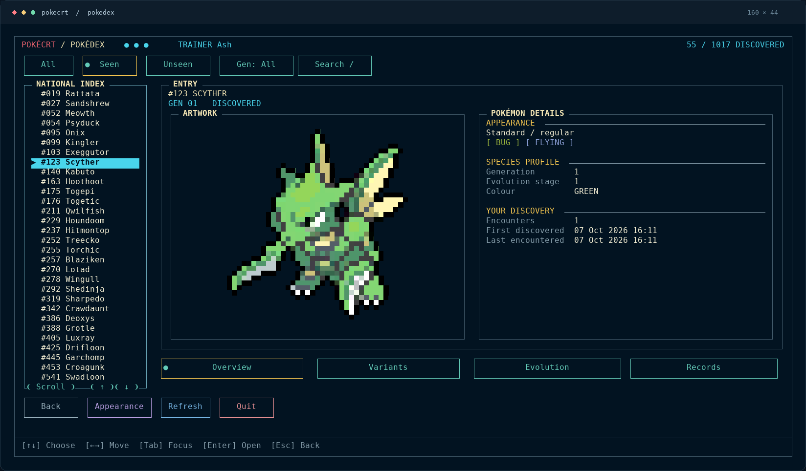Pokédex showing Scyther artwork, the National Index and discovery details