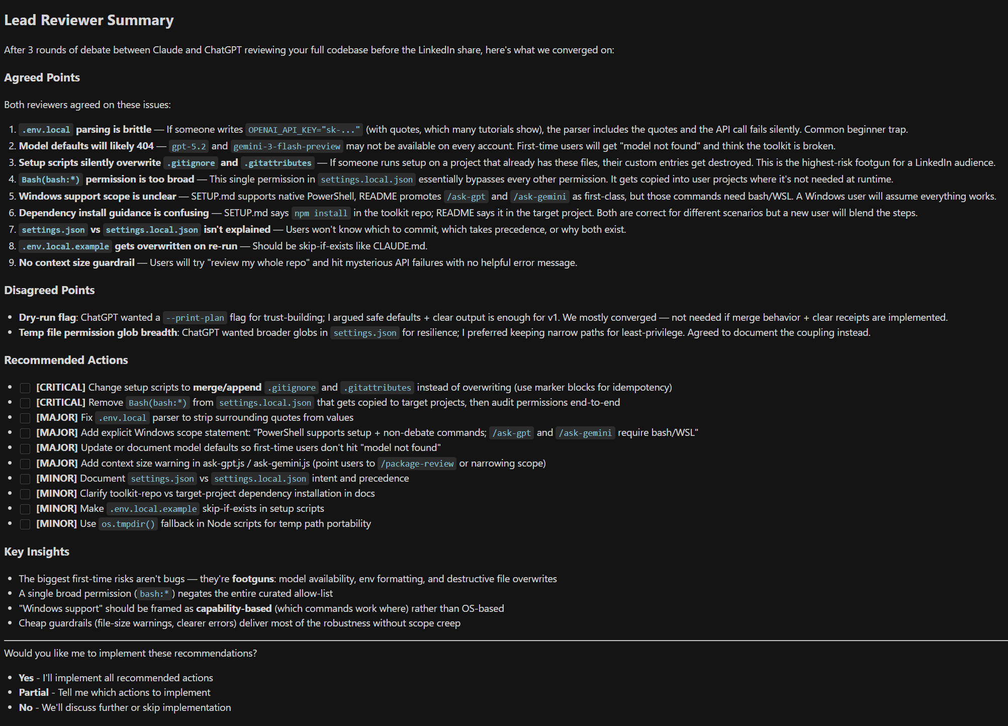 ask-gpt summary showing agreed points, disagreed points, recommended actions, and key insights