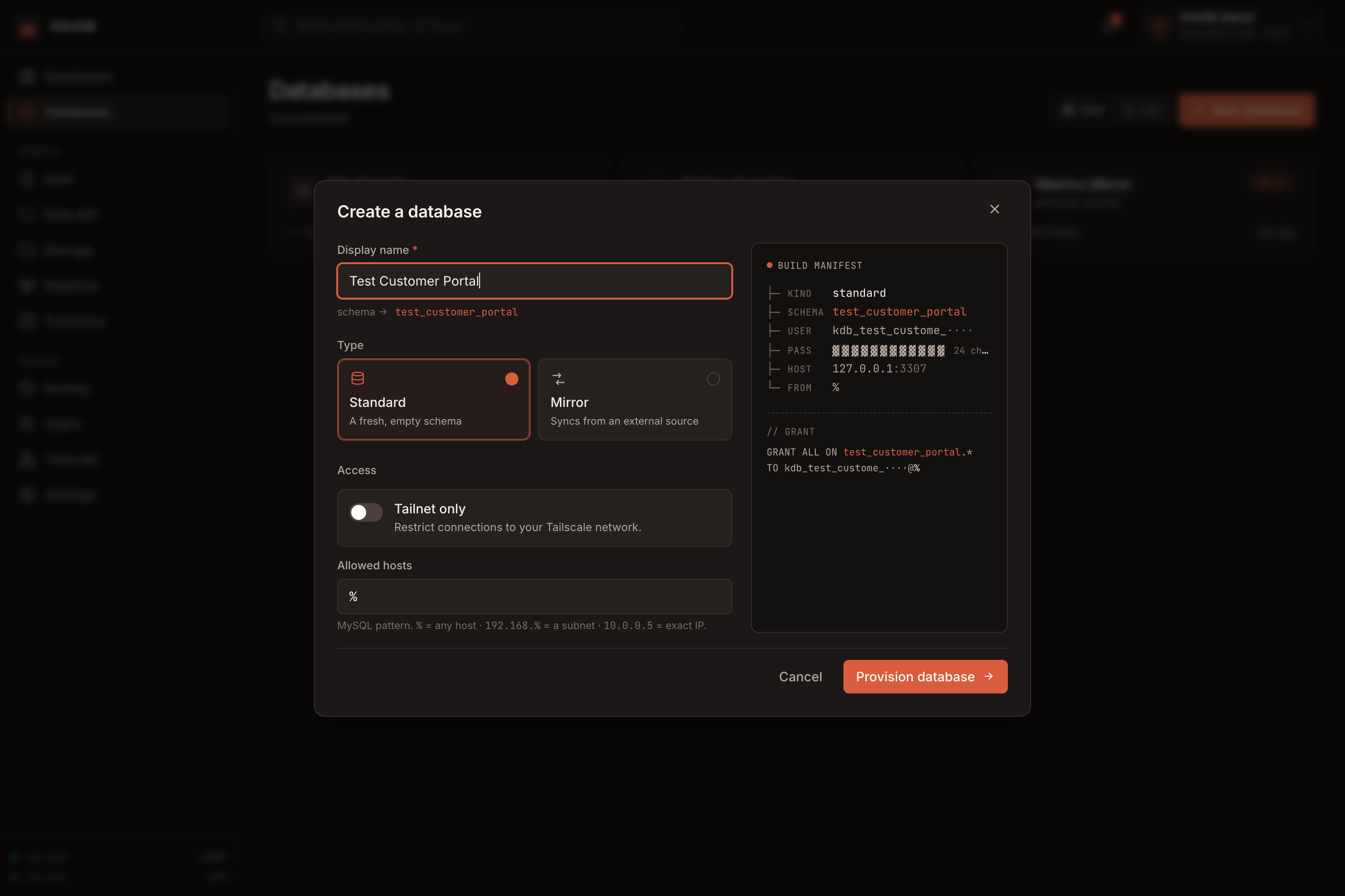 Create database dialog