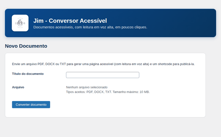 Demonstração do envio no painel: arquivo selecionado, conversão em andamento e documento pronto