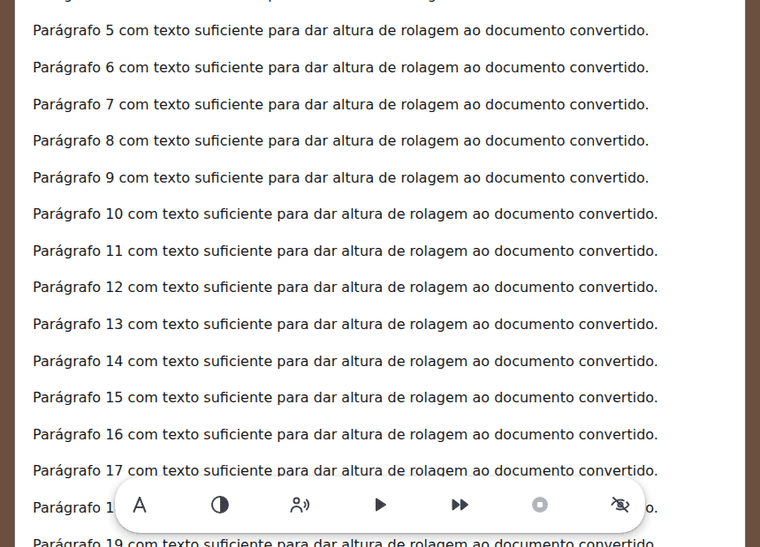 Demonstração dos controles de leitura: menu de aparência, troca de tema, reprodução e ocultação da barra