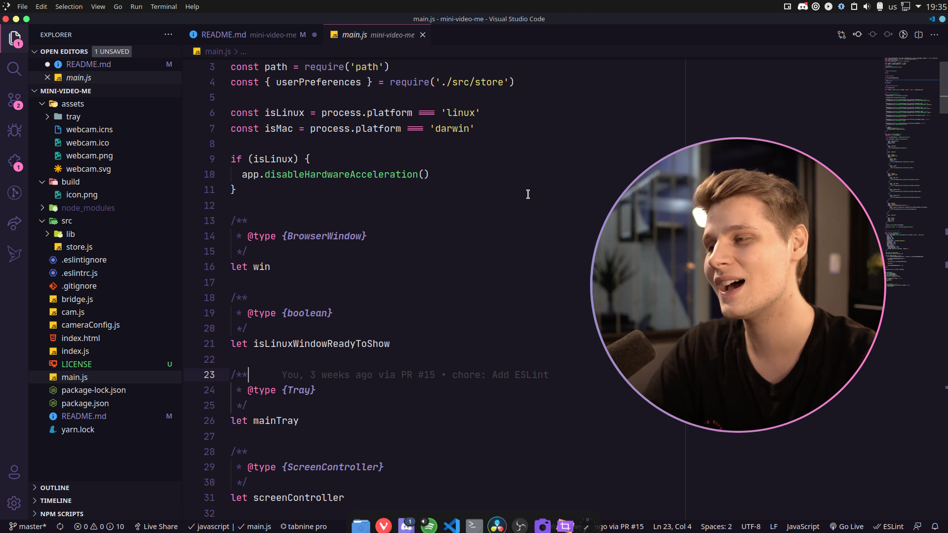 Sample preview running the app showing Diego Fernandes happy on the app screen with Visual Studio Code open in the background