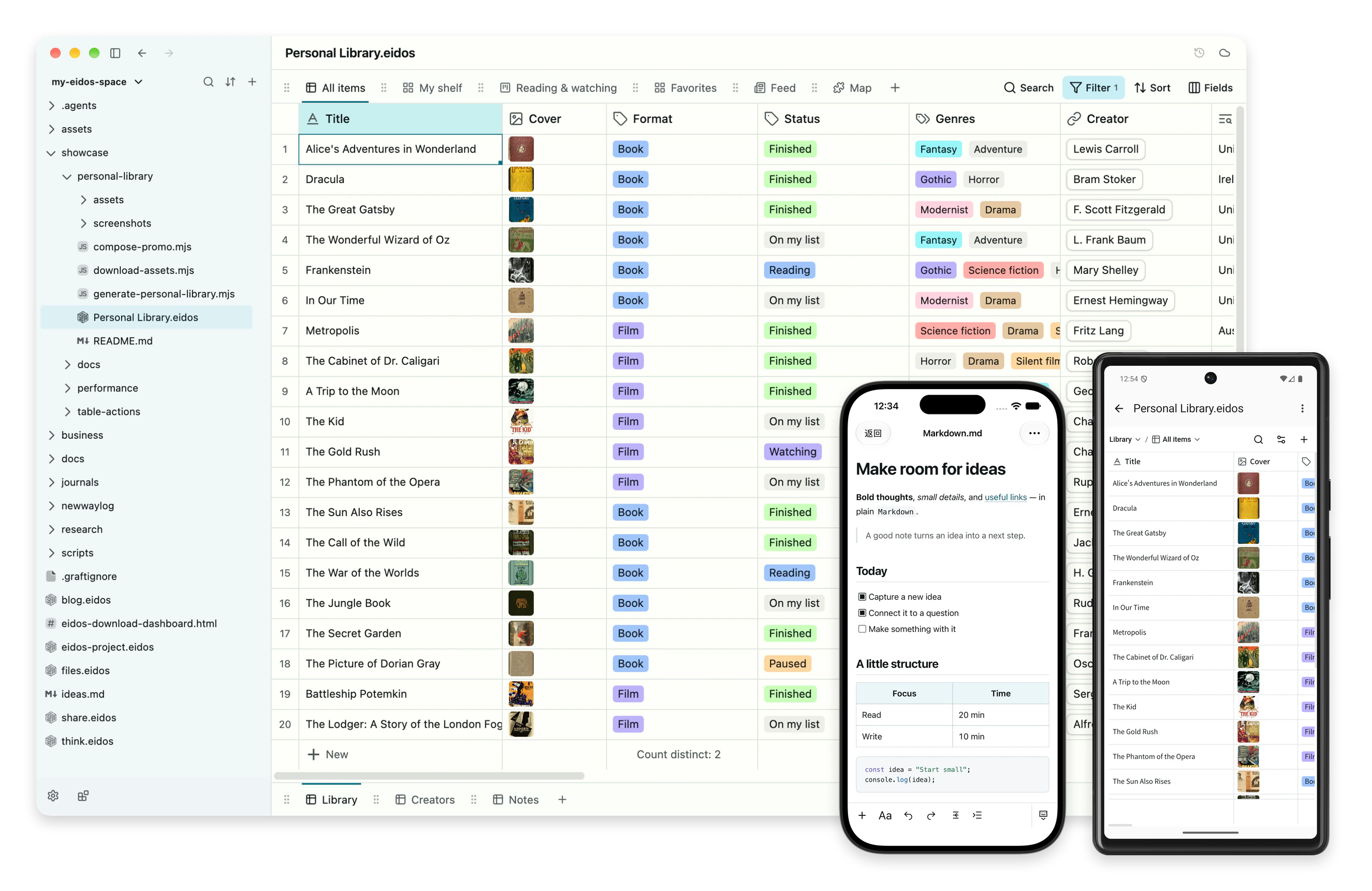 Eidos on desktop, Android, and iOS: a personal library table and a Markdown editor