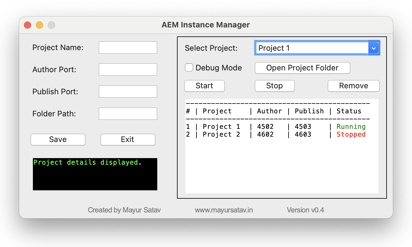 aem-instance-manager gui window screenshot