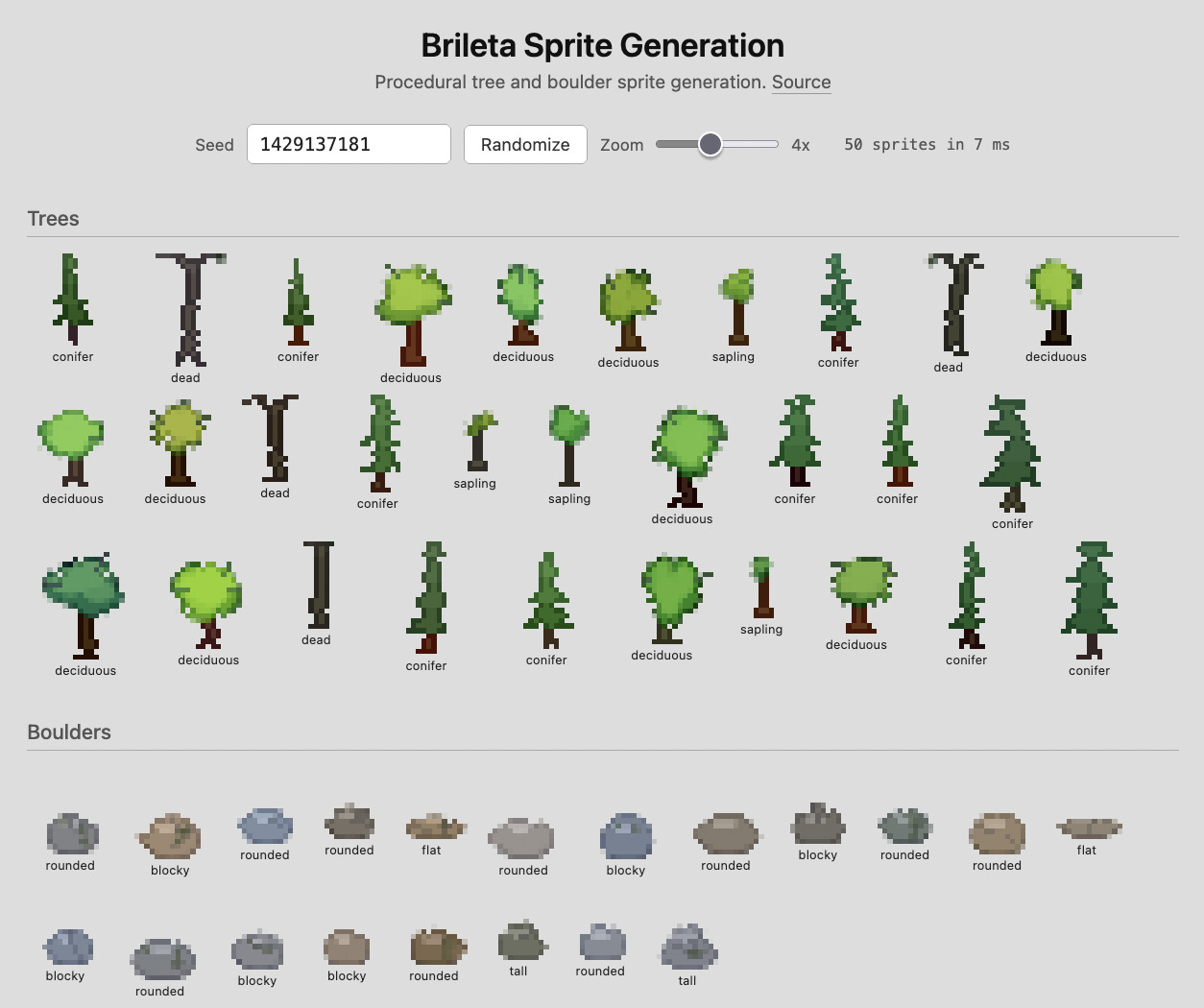 Demo screenshot showing procedurally generated tree and boulder sprites