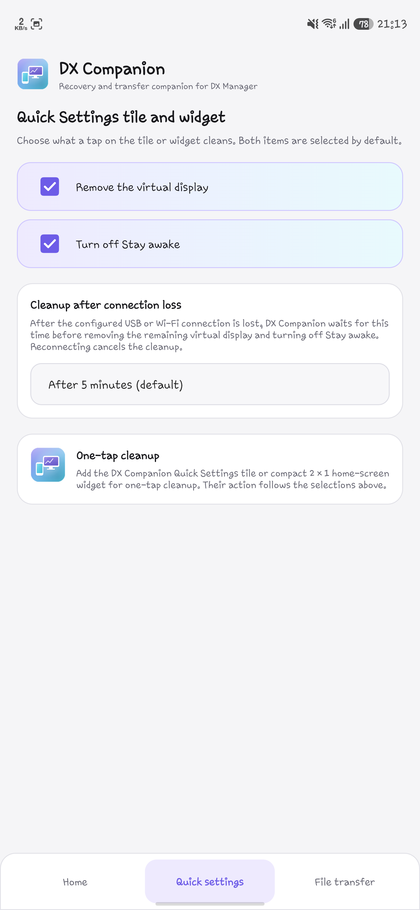 DX Companion Quick Settings tile, widget and delayed cleanup options