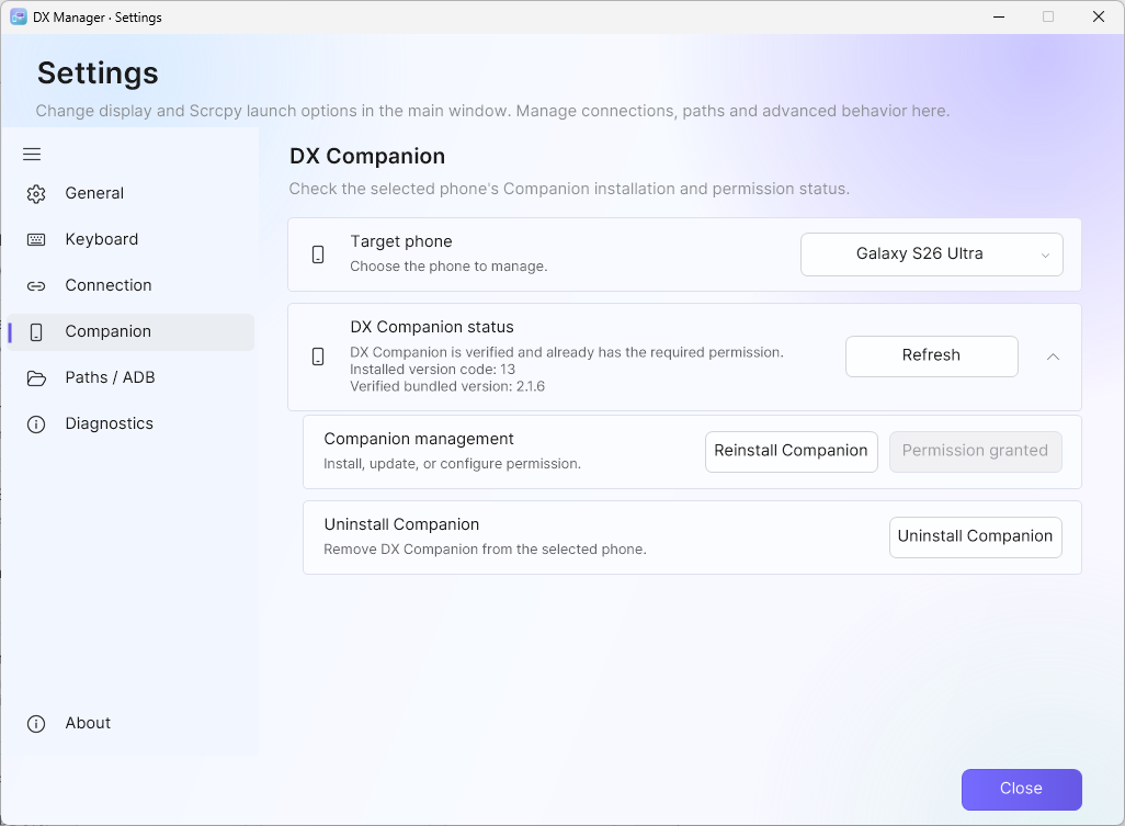 Companion installation and permission management for the selected phone