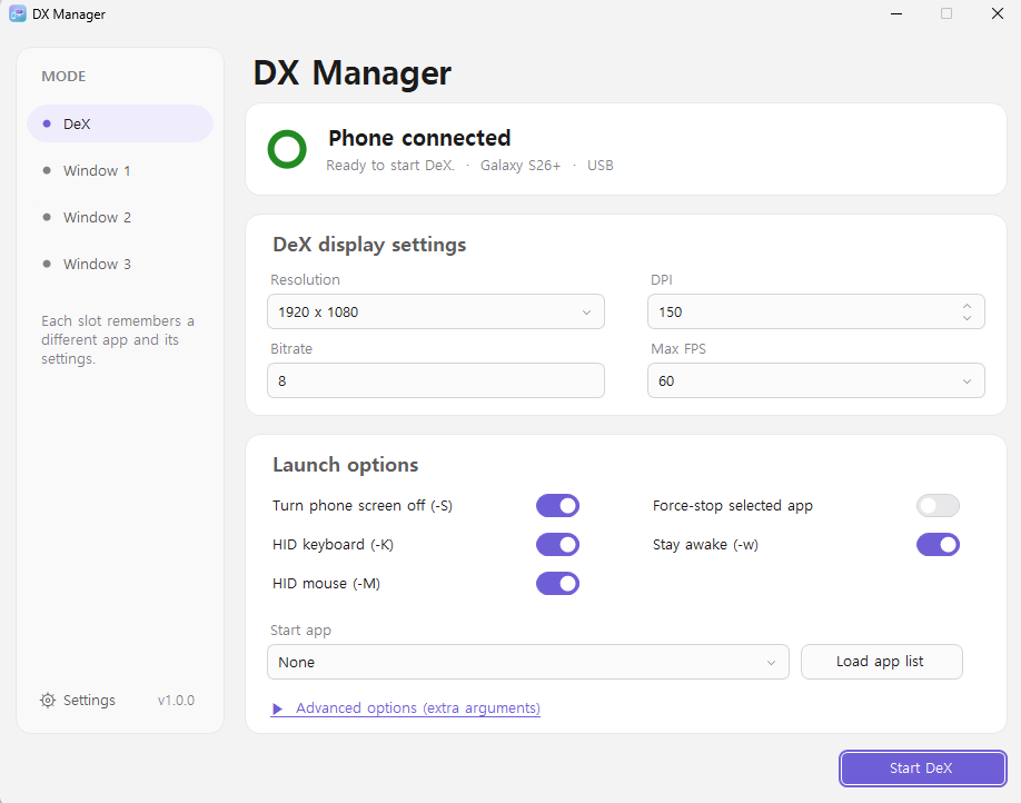 DX Manager after detecting the connected phone