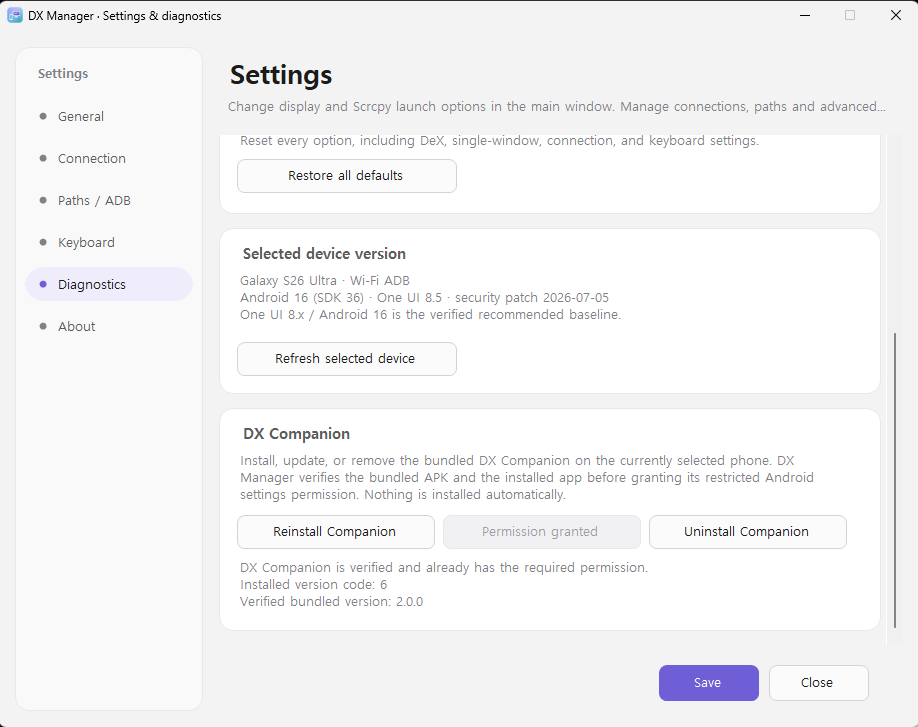 DX Manager selected-device diagnostics and DX Companion status