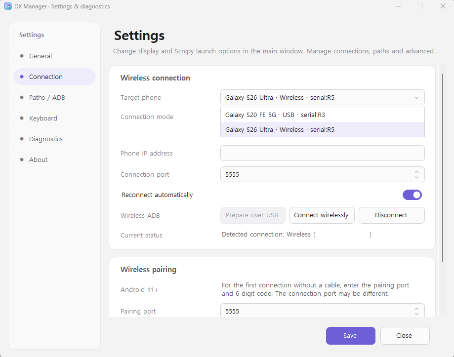 Selecting a target phone for USB or wireless ADB settings