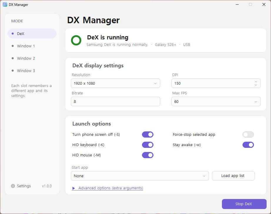 DX Manager while DeX is running