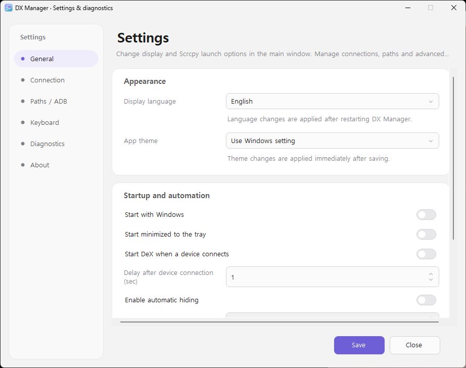 DX Manager General settings page