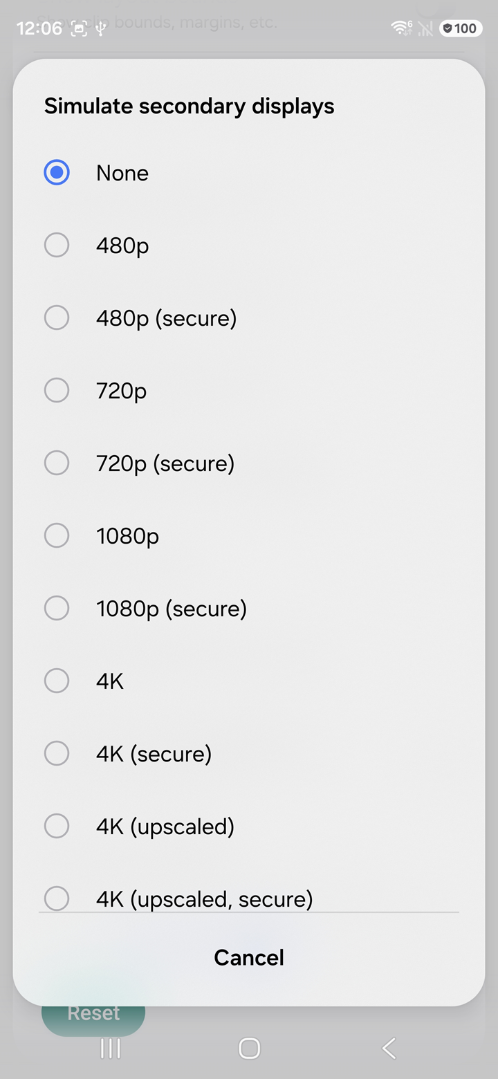 Simulate secondary displays selection menu